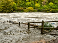 Submerged wooden fence on a river in heavy flood after a storm